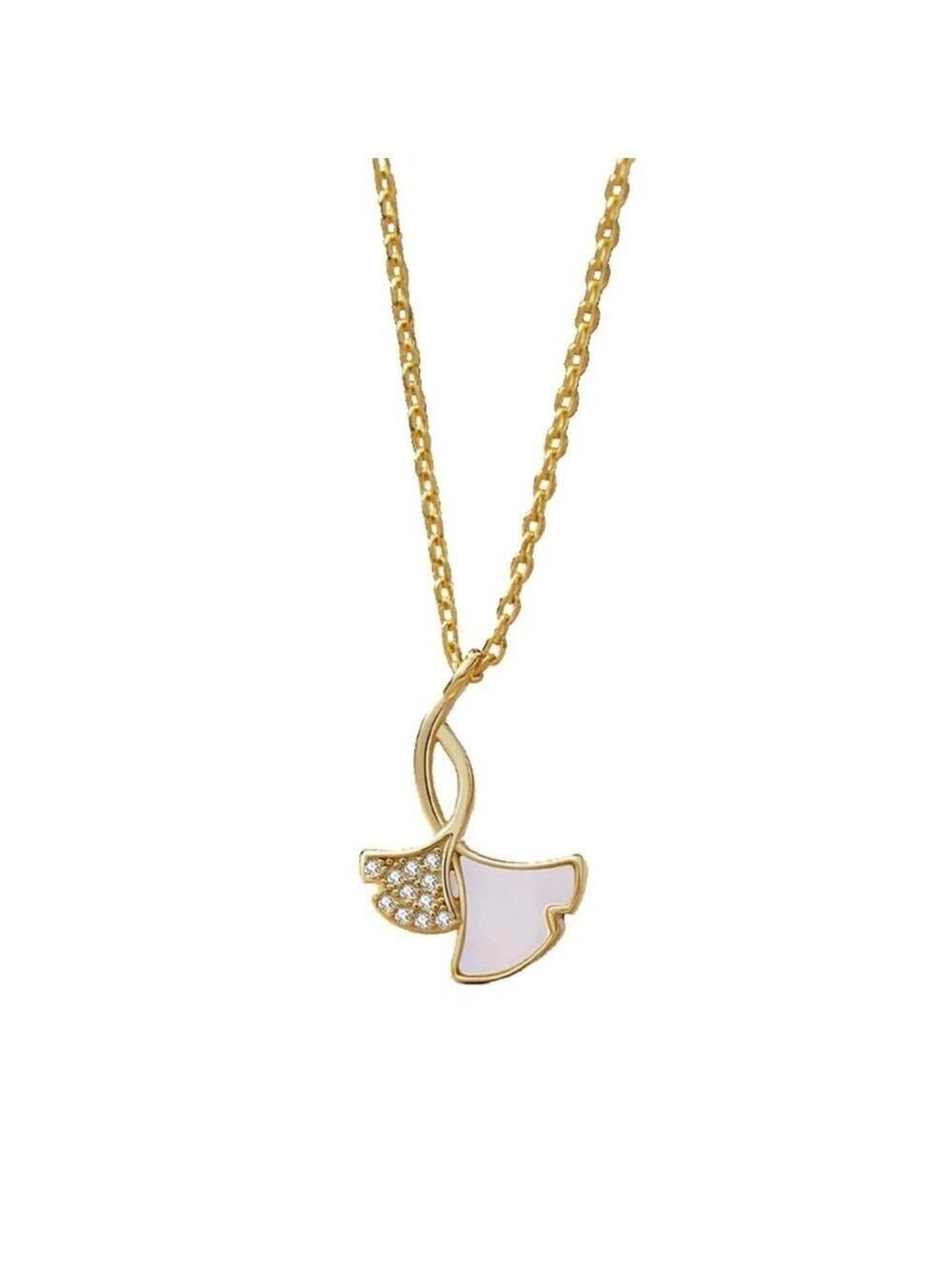 18k Gold over Sterling silver Ginkgo Leaf Shell MOP Fan-Shaped Necklace - Picture 5 of 6